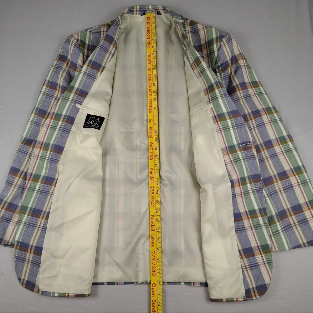 Jos A Bank Sport Coat Mens 46R 100% Cotton Madras Plaid Blazer Multicolor